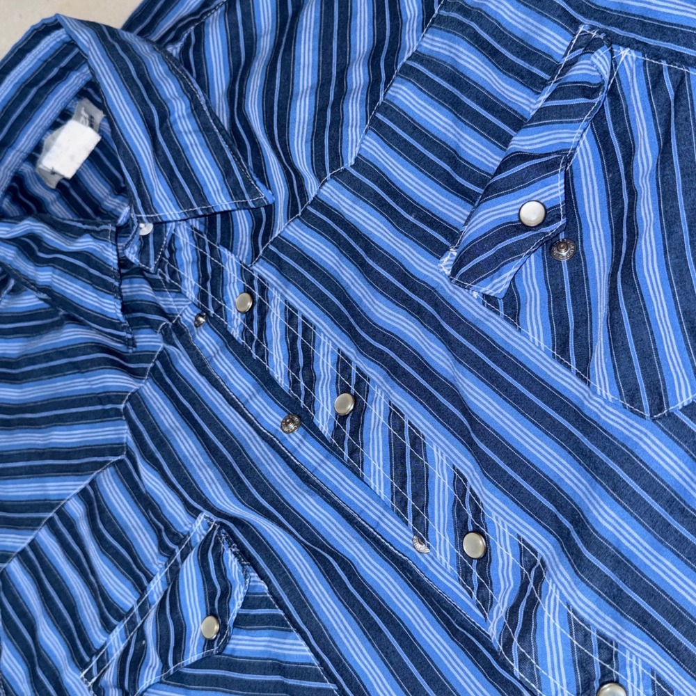 Wrangler Wrancher Mens XL Tall Blue Striped Pearl Snap Western Shirt MTW1298